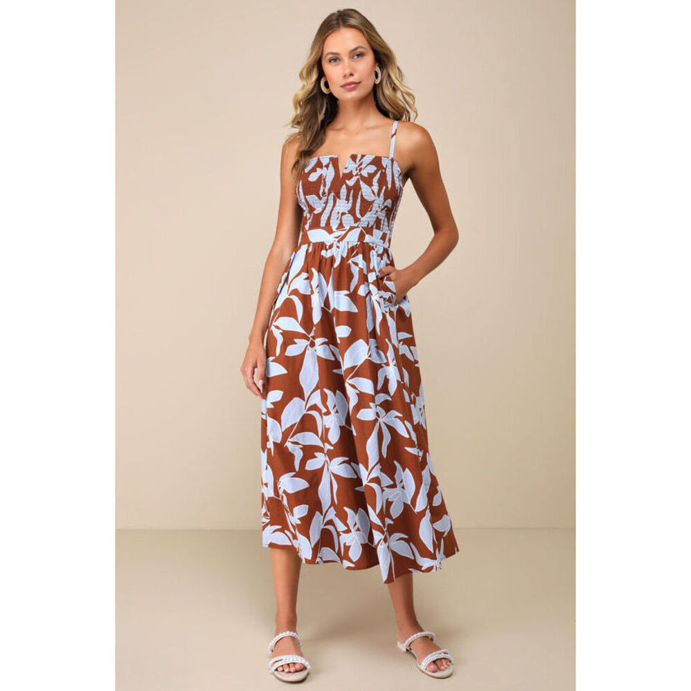 Lulus Immense Cuteness Brown And Blue Floral Midi Dress With Pockets - Size M